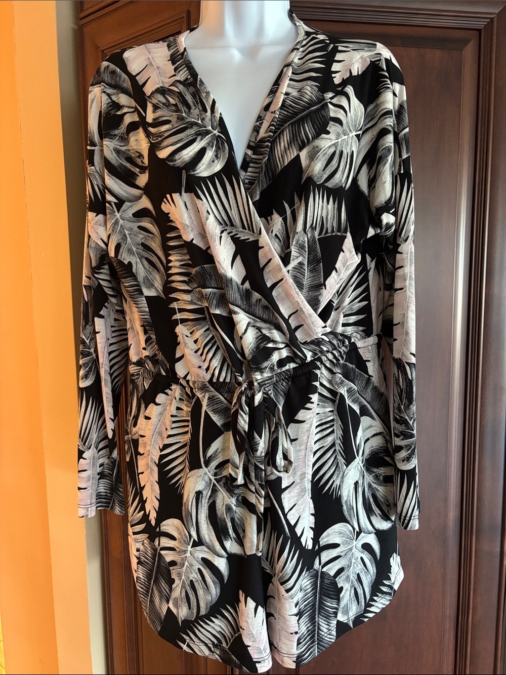 Black and Cream Tropical Print Wrap Romper